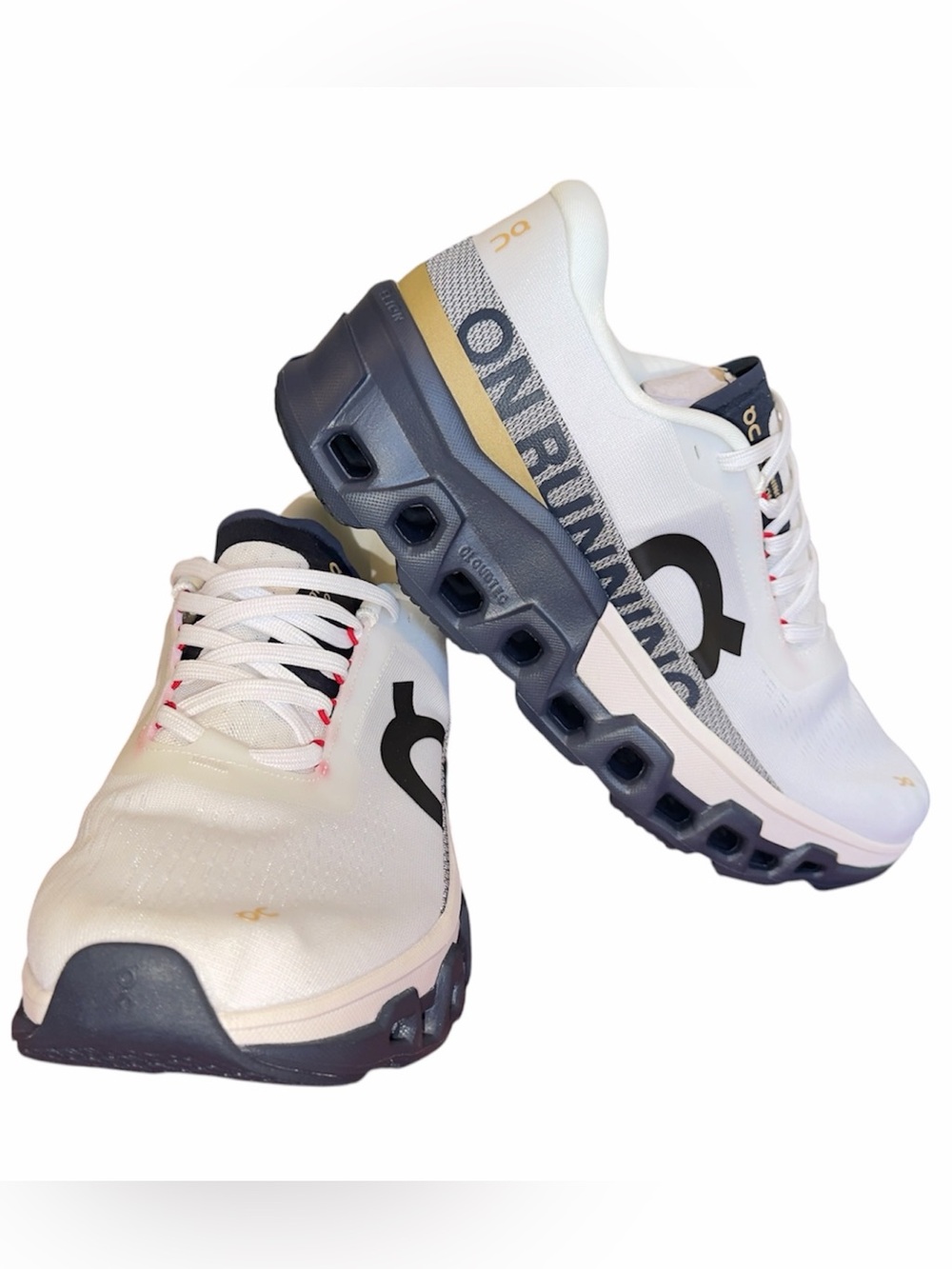Mens On Running White Shoes with Navy and Gold Details - Picture 3 of 6